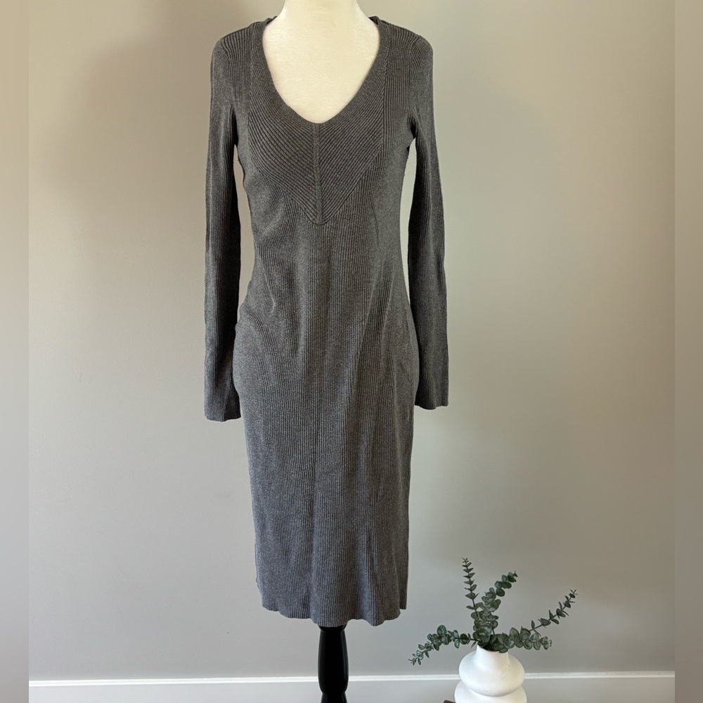 TYME Gray Ribbed Long Sleeve V-Neck Dress